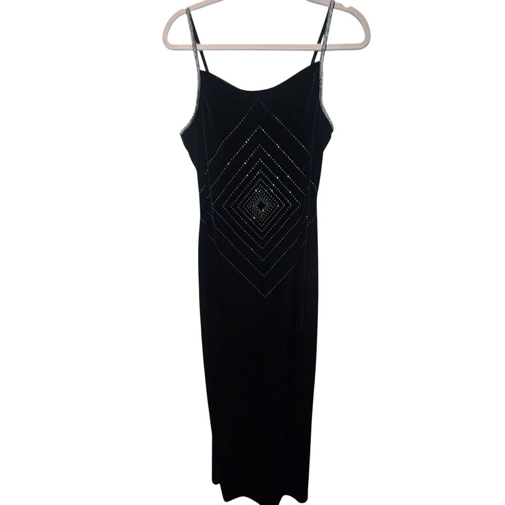Y2K Pretty Girl Women’s XL Black Velvet Slip Dress Cowl Neck Long Rhinestone